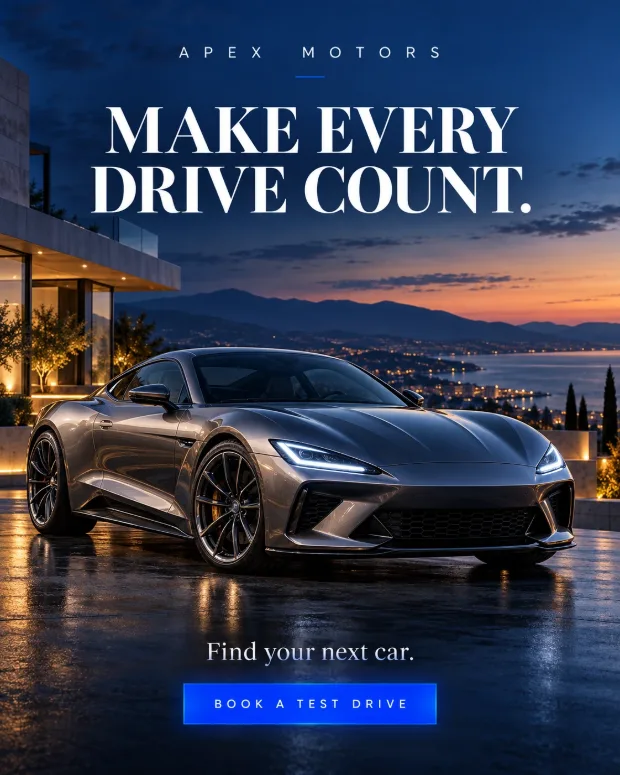 Apex Motors ad: a silver sports car at dusk above a coastal town, headline “Make every drive count.”