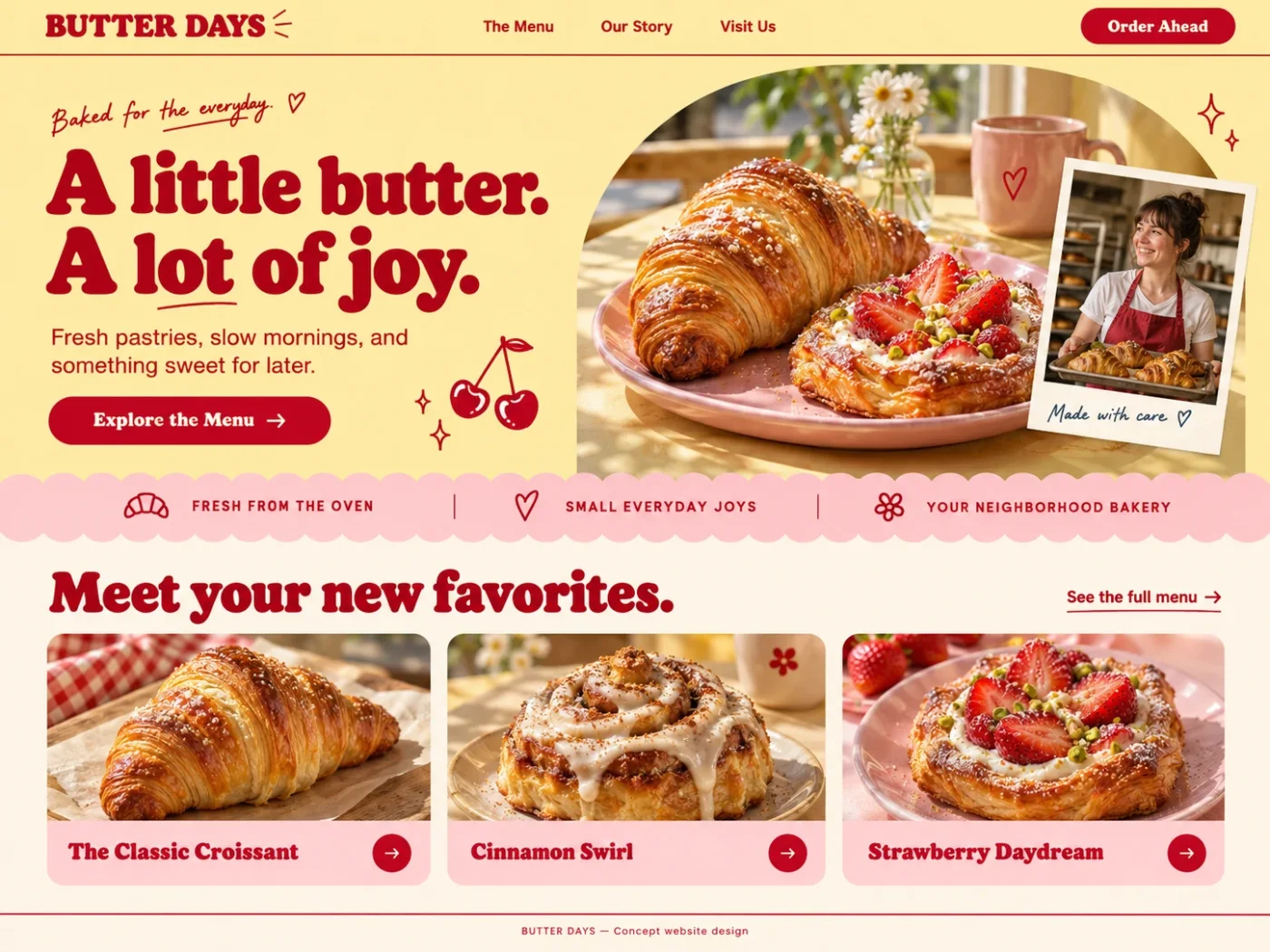 Butter Days website design: a bakery homepage in butter yellow and red, headline “A little butter. A lot of joy.”