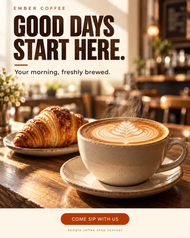Ember Coffee ad: a latte and croissant in morning light, headline “Good days start here.”