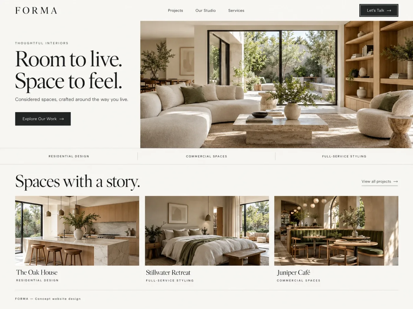 FORMA website design: a pale interior-design homepage with a sunlit living room, headline “Room to live. Space to feel.”