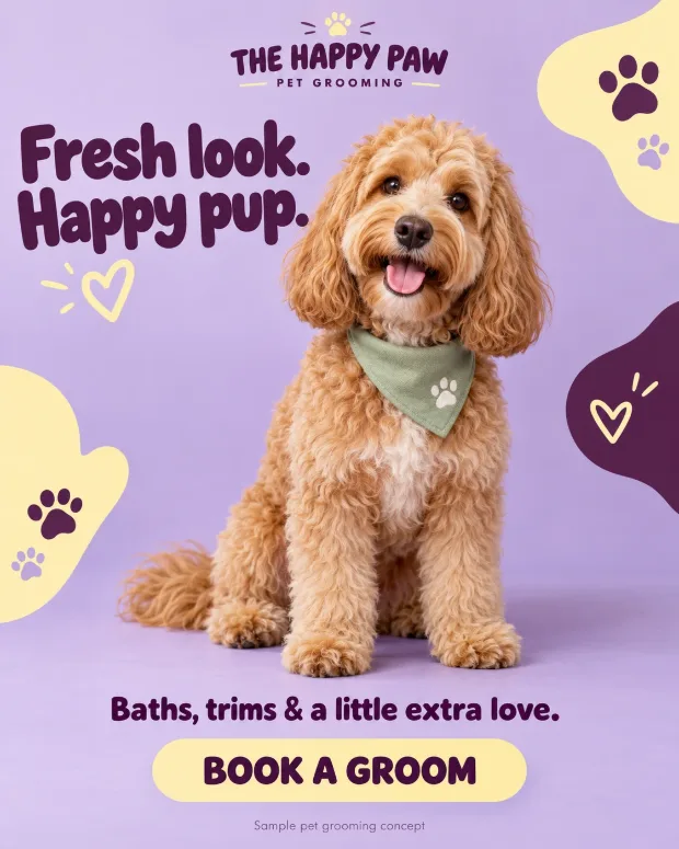 The Happy Paw ad: a groomed cockapoo in a bandana on a lilac ground, headline “Fresh look. Happy pup.”