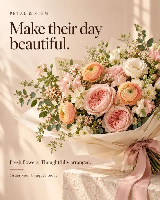 Petal and Stem ad: a pastel bouquet in soft daylight, headline “Make their day beautiful.”