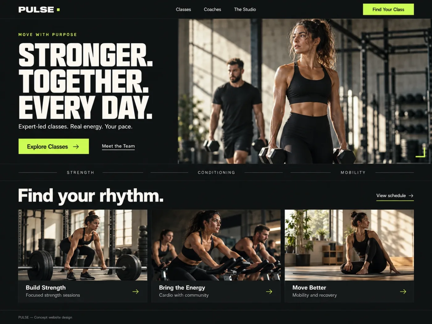 PULSE website design: a dark fitness studio homepage with acid green accents, headline “Stronger. Together. Every day.”