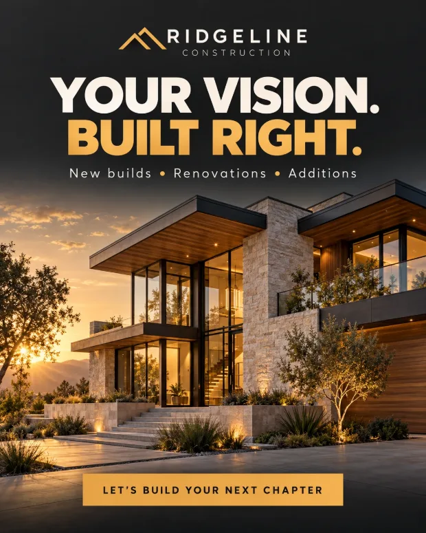 Ridgeline Construction ad: a modern home at golden hour, headline “Your vision. Built right.”