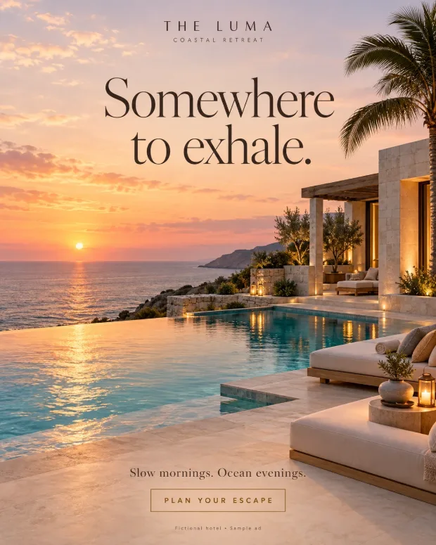 The Luma ad: an infinity pool above the sea at sunset, headline “Somewhere to exhale.”
